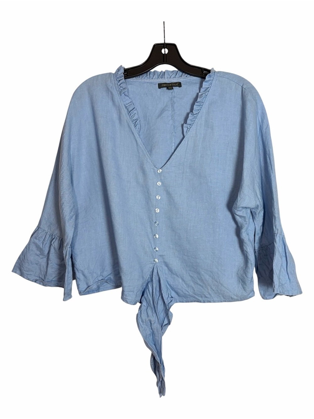 For Cynthia Rowley Blue 100% Linen Crop Top L Side Zip Ruffle Tie 3/4 Bell Slv
